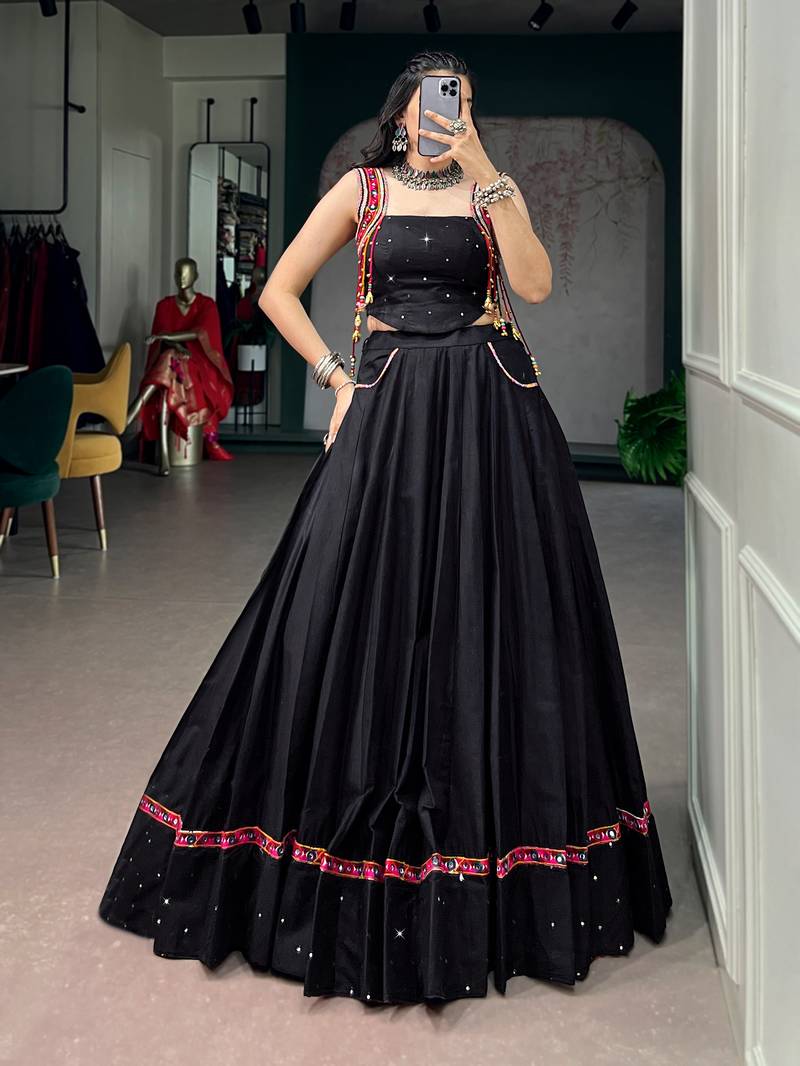Premium Black Pure Cotton Mirror Work Lehenga with Kutchi Lace & Handmade Tassels