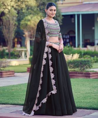 Premium Black Party Wear Lehenga Choli with Floral Border Dupatta 4