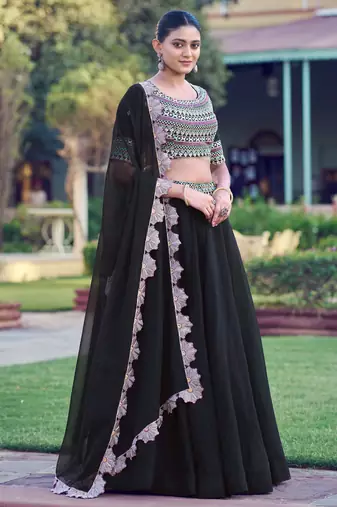 Premium Black Party Wear Lehenga Choli with Floral Border Dupatta