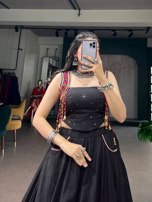 Premium Black Pure Cotton Mirror Work Lehenga with Kutchi Lace & Handmade Tassels 2