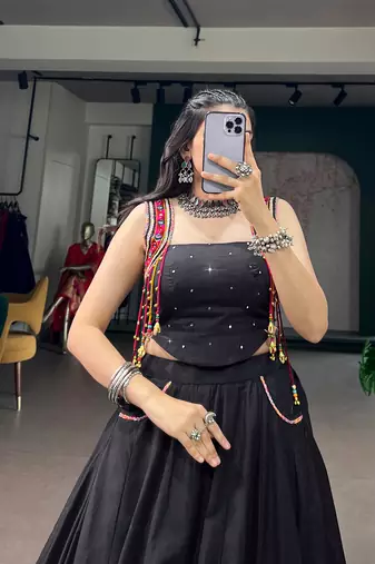 Premium Black Pure Cotton Mirror Work Lehenga with Kutchi Lace & Handmade Tassels