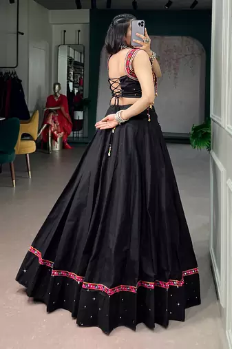 Premium Black Pure Cotton Mirror Work Lehenga with Kutchi Lace & Handmade Tassels