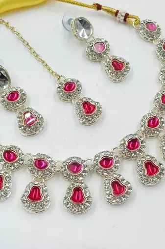 Rani necklace set with earrings & maang tikka | kundan & agate stone | lekar gold plating