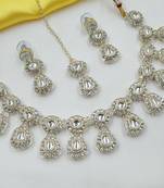 White necklace set with earrings & maang tikka | kundan & agate stone | lekar gold plating