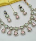 Pista pink necklace set with earrings & maang tikka | kundan & agate stone | lekar gold plating