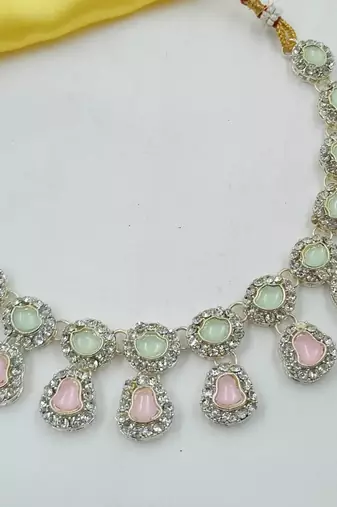 Pista pink necklace set with earrings & maang tikka | kundan & agate stone | lekar gold plating