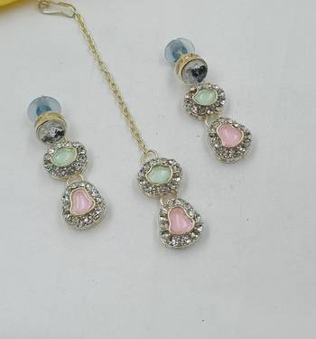 Pista pink necklace set with earrings & maang tikka | kundan & agate stone | lekar gold plating 3