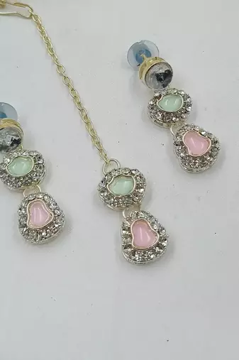Pista pink necklace set with earrings & maang tikka | kundan & agate stone | lekar gold plating