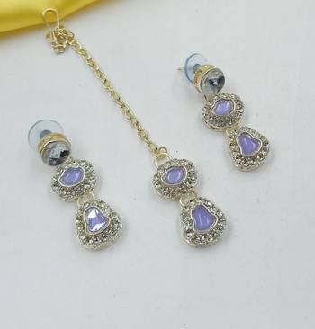 Lavender  necklace set with earrings & maang tikka | kundan & agate stone | lekar gold plating 3
