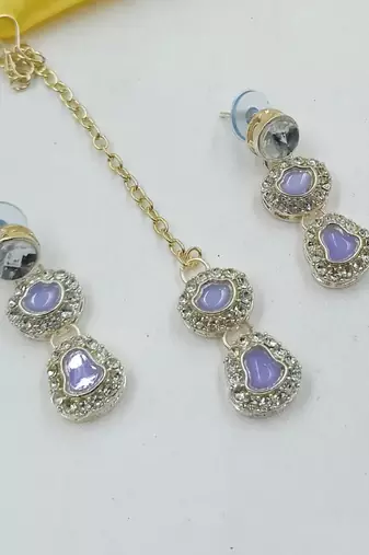 Lavender  necklace set with earrings & maang tikka | kundan & agate stone | lekar gold plating