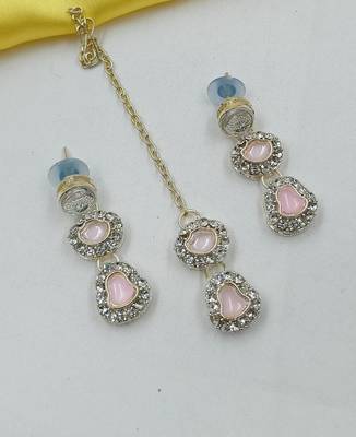 Beby pink necklace set with earrings & maang tikka | kundan & agate stone | lekar gold plating 2
