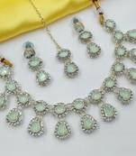 Pista necklace set with earrings & maang tikka | kundan & agate stone | lekar gold plating