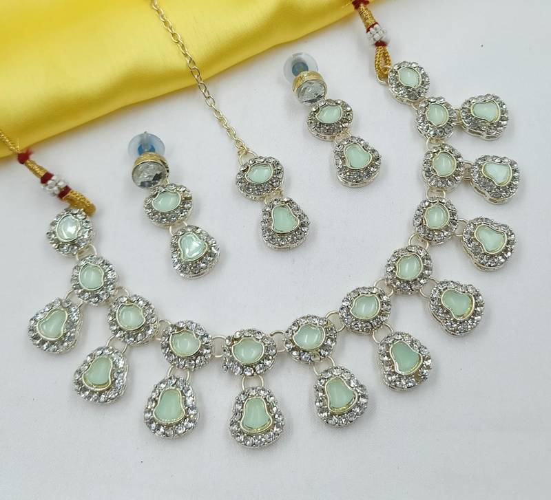 Pista necklace set with earrings & maang tikka | kundan & agate stone | lekar gold plating