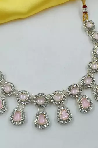 Beby pink necklace set with earrings & maang tikka | kundan & agate stone | lekar gold plating