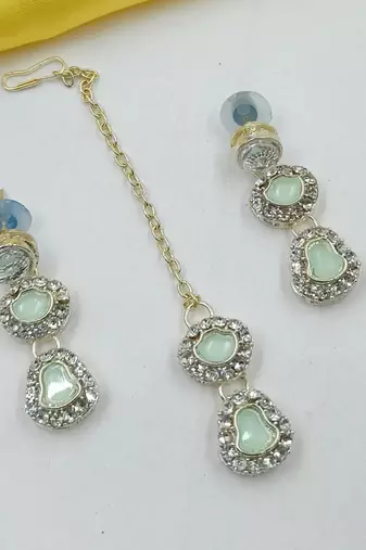 Pista necklace set with earrings & maang tikka | kundan & agate stone | lekar gold plating