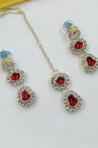 Maroon green necklace set with earrings & maang tikka | kundan & agate stone | lekar gold plating