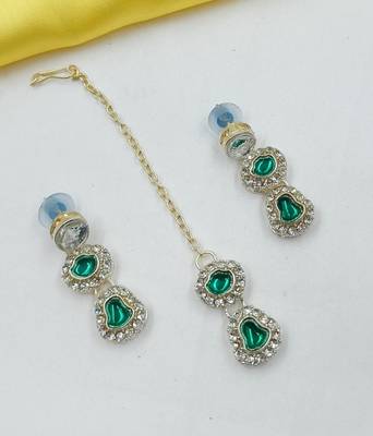 Green necklace set with earrings & maang tikka | kundan & agate stone | lekar gold plating 2