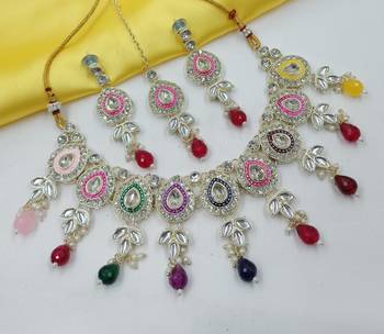 Multi set with earrings & maang tikka | kundan & agate stone | lekar gold plating 1