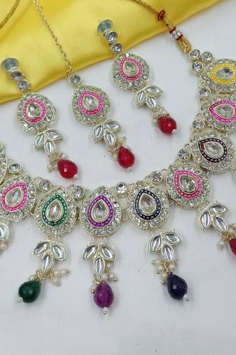 Multi set with earrings & maang tikka | kundan & agate stone | lekar gold plating
