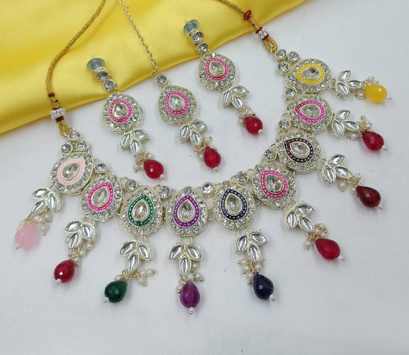 Multi set with earrings & maang tikka | kundan & agate stone | lekar gold plating