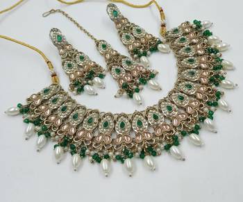 Green color necklace set with earrings & maang tikka | kundan and agate stone | antique gold plating 1