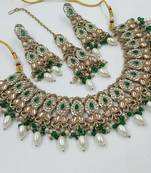 Green color necklace set with earrings & maang tikka | kundan and agate stone | antique gold plating