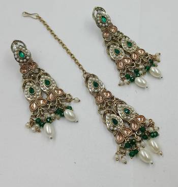 Green color necklace set with earrings & maang tikka | kundan and agate stone | antique gold plating 2