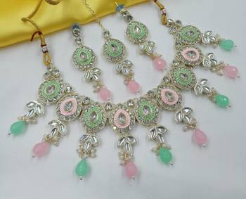 Pink pista set with earrings & maang tikka | kundan & agate stone | lekar gold plating 1