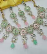 Pink pista set with earrings & maang tikka | kundan & agate stone | lekar gold plating