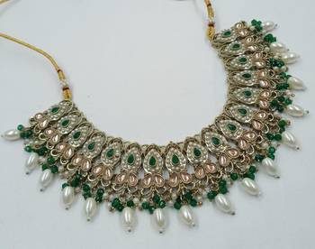 Green color necklace set with earrings & maang tikka | kundan and agate stone | antique gold plating 3