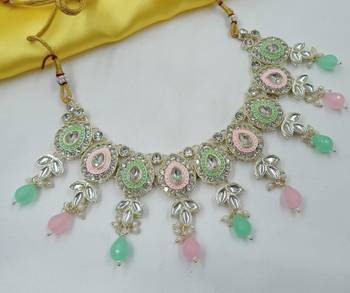 Pink pista set with earrings & maang tikka | kundan & agate stone | lekar gold plating 2