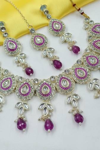 Purple green set with earrings & maang tikka | kundan & agate stone | lekar gold plating