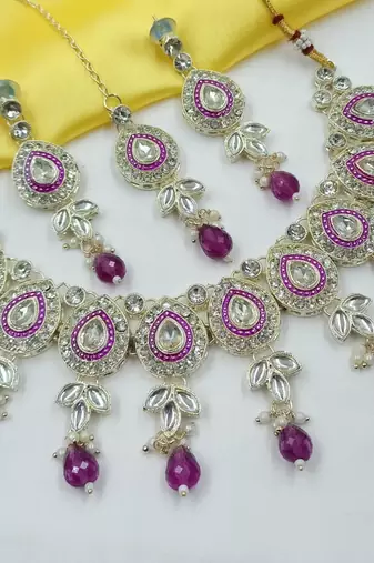 Purple green set with earrings & maang tikka | kundan & agate stone | lekar gold plating