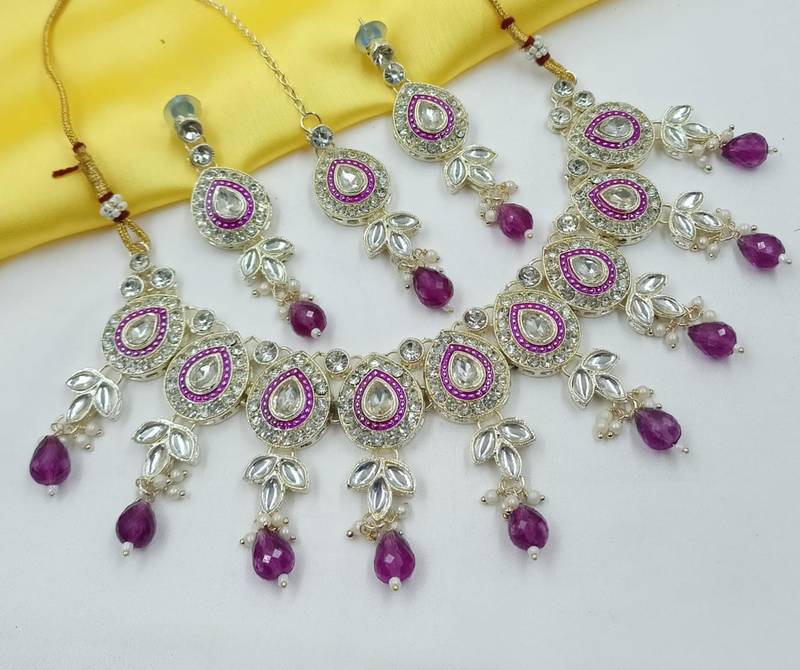 Purple green set with earrings & maang tikka | kundan & agate stone | lekar gold plating