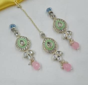 Pink pista set with earrings & maang tikka | kundan & agate stone | lekar gold plating 3