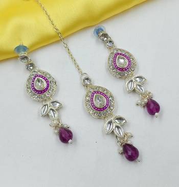 Purple green set with earrings & maang tikka | kundan & agate stone | lekar gold plating 2