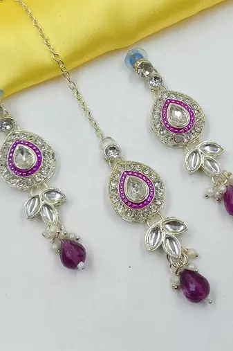 Purple green set with earrings & maang tikka | kundan & agate stone | lekar gold plating