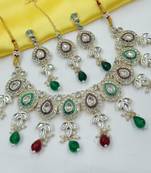 Maroon green set with earrings & maang tikka | kundan & agate stone | lekar gold plating