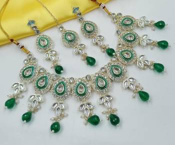 Green set with earrings & maang tikka | kundan & agate stone | lekar gold plating 1
