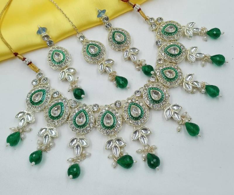 Green set with earrings & maang tikka | kundan & agate stone | lekar gold plating