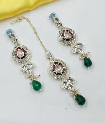 Maroon green set with earrings & maang tikka | kundan & agate stone | lekar gold plating 2