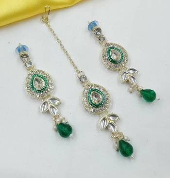 Green set with earrings & maang tikka | kundan & agate stone | lekar gold plating 2