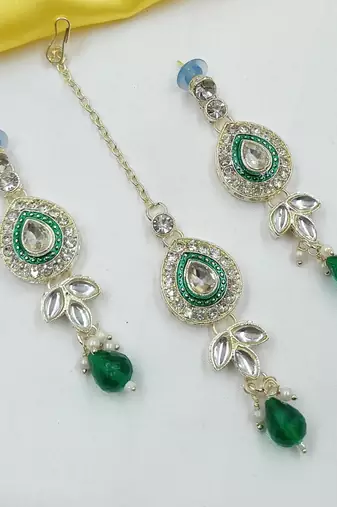Green set with earrings & maang tikka | kundan & agate stone | lekar gold plating