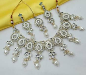 White necklace set with earrings & maang tikka | kundan & agate stone | lekar gold plating 1