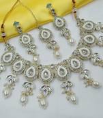 White necklace set with earrings & maang tikka | kundan & agate stone | lekar gold plating