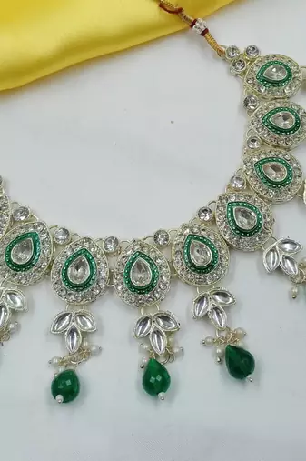 Green set with earrings & maang tikka | kundan & agate stone | lekar gold plating
