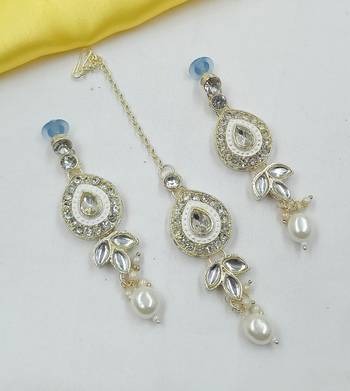 White necklace set with earrings & maang tikka | kundan & agate stone | lekar gold plating 2