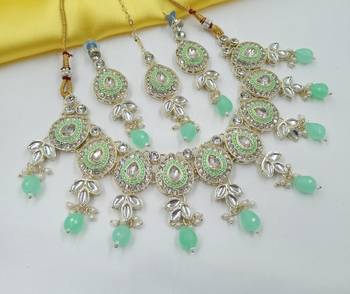 Pista necklace set with earrings & maang tikka | kundan & agate stone | lekar gold plating 1