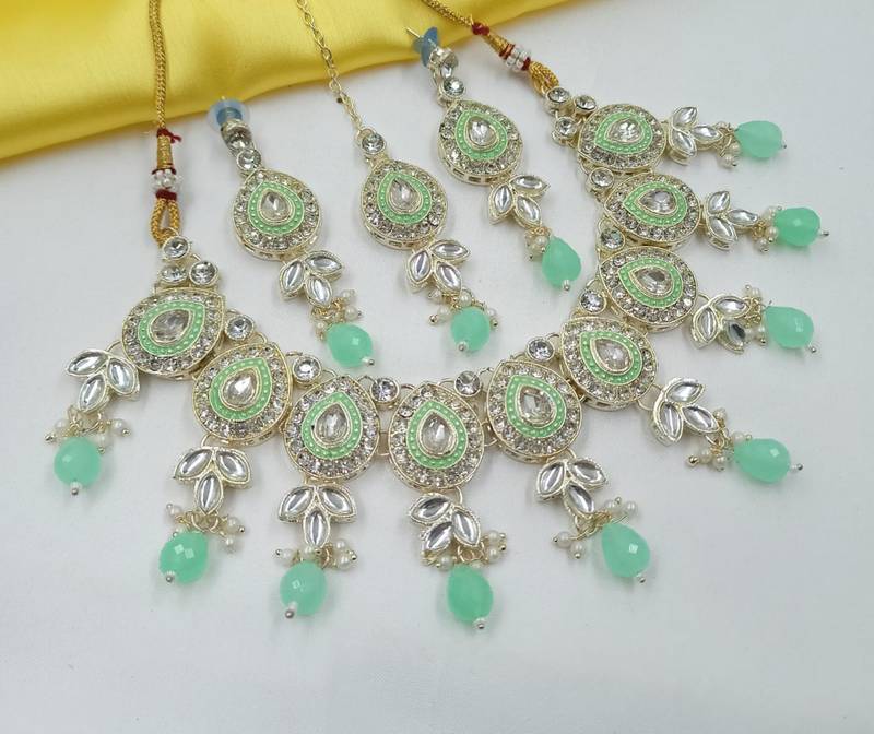 Pista necklace set with earrings & maang tikka | kundan & agate stone | lekar gold plating