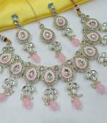 Pink necklace set with earrings & maang tikka | kundan & agate stone | lekar gold plating